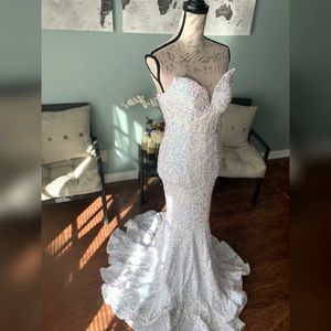 Ivory iridescent mermaid prom dress, pageant evening gown unique wedding dress